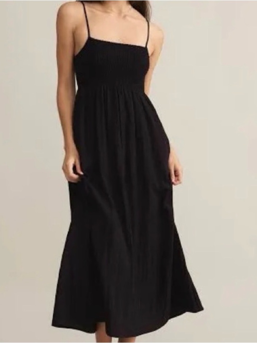 Classic Black Maxi Dress with Smocked Bodice and Spaghetti Straps